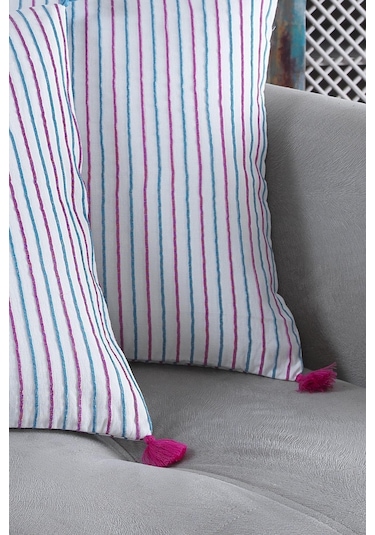 Maisonart Pompoms 2'li Dekoratif Kırlent Kılıfı Yastık Kılıfı %100 Pamuklu 44x44 Cm Kırmızı