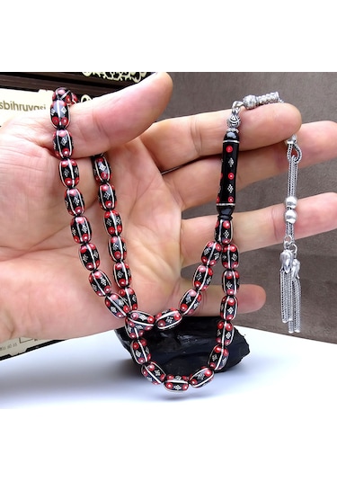 Gümüş ve Mercan İşlemeli Erzurum Oltu Taşı Tesbih