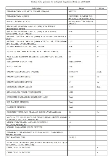 Vestel 65UG9750 65'' 164 Ekran 4K Smart Google TV