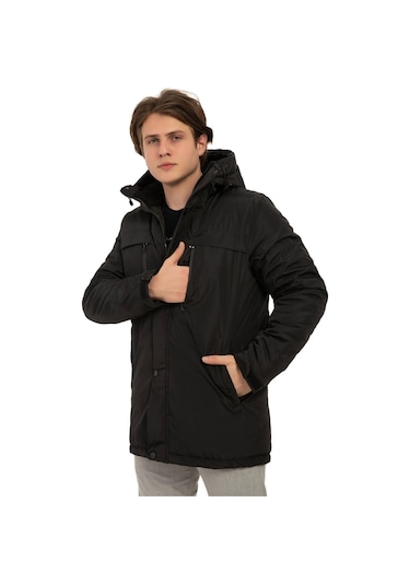 Erkek Polarlı Kürklü Su Ve Rüzgar Geçirmez Kapüşonlu Kışlık Mont & Kaban & Parka Siyah