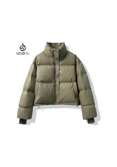 Yeni Kışlık Yıkanmayan Deri Kısa Kalınlaştırılmış Kadın Pamuklu Mont Yeşil