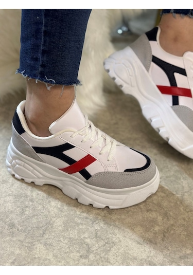 Günlük Kadın Sneaker Kalın Yüksek Taban Bağcıklı Rahat Tiger Şeritli Spor Ayakkabı 032 11-taş Laci Kırmızı