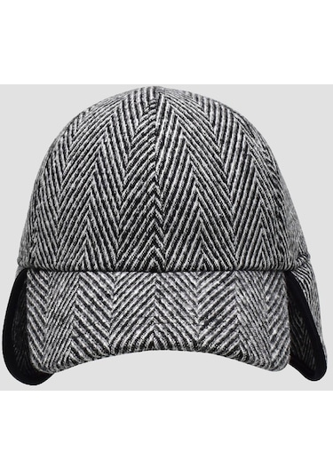 Erkek Desenli Yün Kışlık Kulaklı Kep Beyzbol Şapkası - Siyah