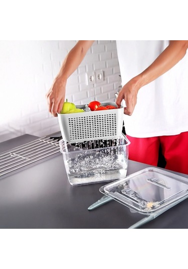 Vinoa 2,5 Litre Süzgeçli Buzdolabı Düzenleyici Organizer + Saklama Kabı Beyaz