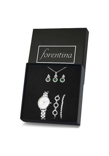 Forentina Gümüş Kaplama Yeşil Taşlı Kolye Küpe Bileklik Saat Hediye Set Ps3144 Çok Renkli