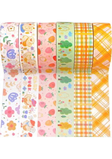 Springsun 6 Rulo Şirin Karikatür Altın Varaklı Washi Bant - Rustik Tarz, Dekoratif, 15mm Dıy Sanat & El İşleri, Albüm, Günlük, Hediye, Kırtasiye