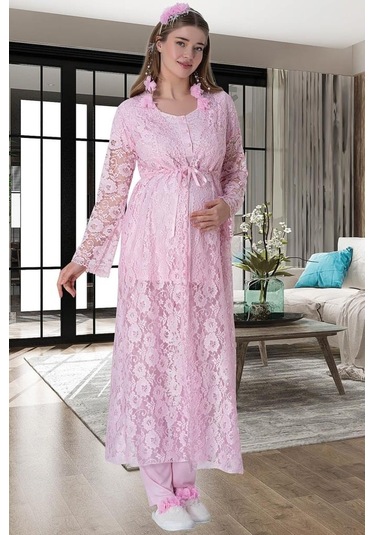 Mecit Pijama Mecit 6060 Bayan Pembe Sabahlık Gecelik Pijama Hamile Lohusa Set 001