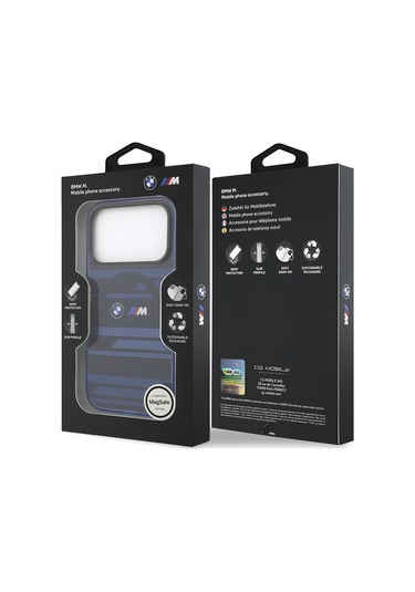 İphone 17 Pro Kılıf Bmw Lisanslı M-safeli Metal Kamera Butonlu Yatay Şeritli M Dizayn Kapak Mavi Mavi