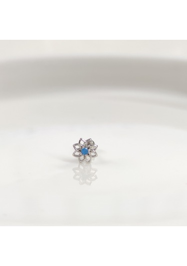 Mavi Taşlı Yıldız Çiçek Gümüş Tragus Pıercıng - Rodyum Beyaz Beyaz