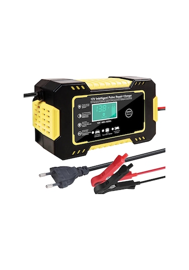 Araç Akü Şarj Cihazı Tam Oto Motosiklet 12 V 6a Darbe Onarım Lcd Ekran Akıllı Yellow Eu Plug