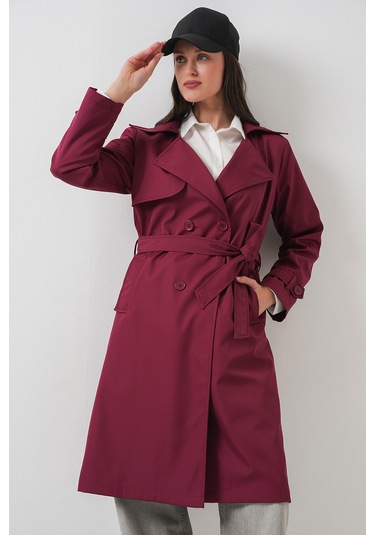 5918 Kruvaze Yaka Trençkot - Bordo Bordo