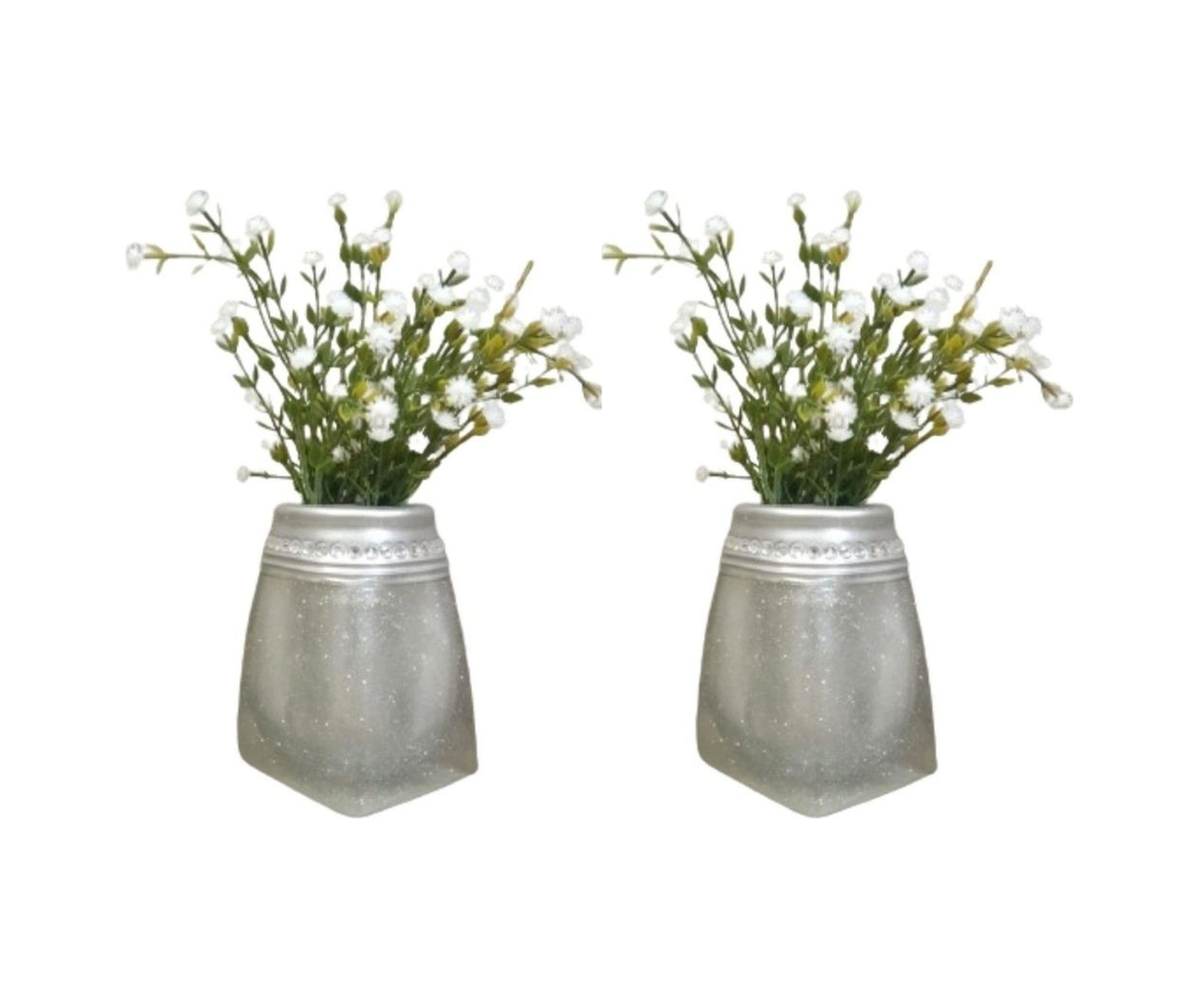 2 Adet Vazo Dahil,vazoda Çiçek,beyaz Yapay Çiçek,vazo Dekoratif Kristal Taşlı Gümüş Poliresin 7x7x15cm Çok Renkli