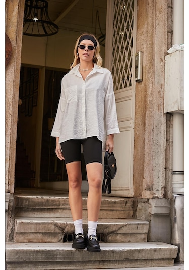 Kadın Likrasız Keten Kumaş Yakalı Cepli Düşük Omuzlu Salaş Oversize Tunik Gömlek-krem Krem