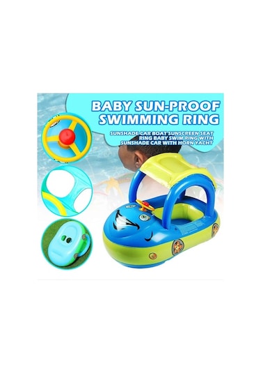 Bloomnest Şişme Bebek Yüzme Havuzu Şamandırası, Gölgelikli Güvenli Taşınabilir Güneş Korumalı, Erkek Kız Kapalı Açık Havuz İçin Yürümeye Başlayan Çocuk Yüzme Halkaları Mavi Mavi