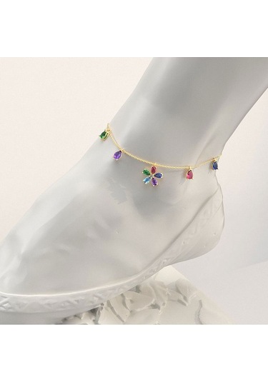 İndigo Takı Renkli Taş Çiçek Altın Kaplama Gümüş Halhal Çok Renkli