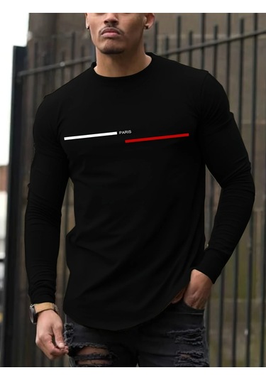 Guılanerkek %100 Saf Pamuk Paris Baskılı Uzun Kollu Tişörtmavi Mavi