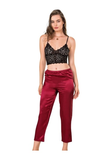 İPEK ÖZMEL Kadın  Saten Bordo  Pijama Takım Bordo
