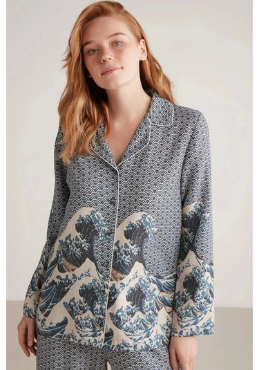 Nautıca W617 Kadın Uzun Kollu Önden Düğmeli Pijama Takımı İndigo