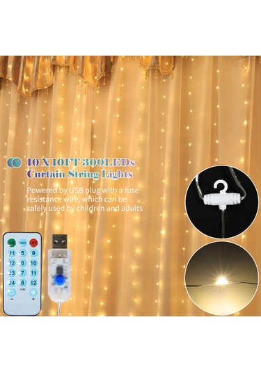 Geeksen 10x3m 300 Led Perde Işık Perdesi, 4 Müzik & 8 Aydınlatma Modu Uzaktan Kumandalı Düğün Parti Ev Noel Dekorasyon Sıcak Beyaz