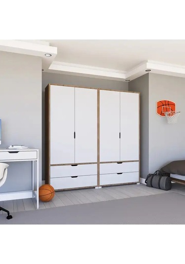 Nisan Açık Ceviz-beyaz 4 Kapılı 4 Çekmeceli Elbise Dolabı - Gardırop Seti Açık Ceviz & Beyaz