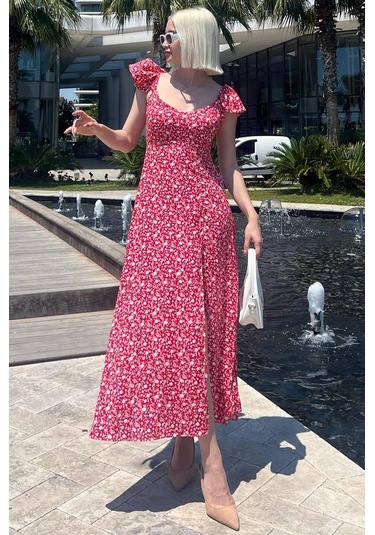 Madmext Kırmızı Desenli Yırtmaçlı Uzun Elbise Mg2004-kırmızı