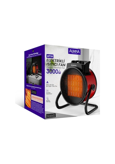 Auhma At1h Elektrikli Isıtıcı Fan Kırmızı 3000w Hızlı Isınma, 3 Kademeli Ayar, Sessiz Ptc Isıtma T