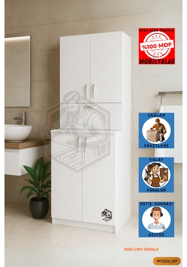 Tamamı Mdf 5 Kapaklı Çamaşır Makinesi Dolabı Banyo Dolabı