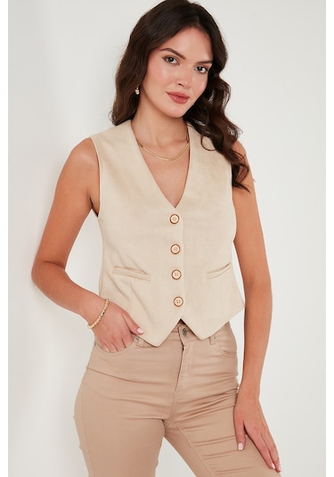 Lela Fitted Scuba Süet V Yaka Düğmeli Bayan Yelek 5865576 Taş