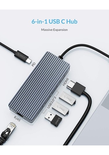 Orico WB-6RJ 6 Portlu USB 3.0 100W RJ45 1000 Mbps HDMI Çoklayıcı HUB Gri