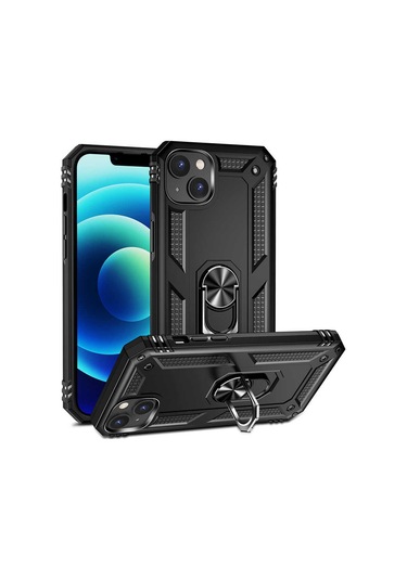 Forzacase İphone 14 İle Uyumlu Ares Serisi Yüzük Standlı Armor Sert Plastik Kılıf Siyah
