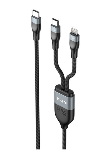 Duo Power 100W Çift Uçlu Type-C To Lightning + Type-C Şarj Kablosu Örgü Tasarım 1.2 Metre Siyah