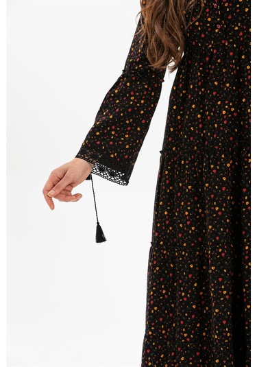 Uzun Kol Seçil Pazen Uzun Elbise Çıtır Desen Siyah Syh Siyah