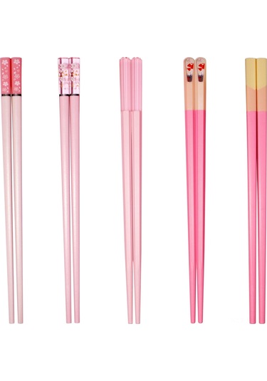 Ximistore9 5 Çift Pembe Cam Fiber Çubuk, Japon-kore Stili, Yeniden Kullanılabilir, Kaymaz, Bulaşık Makinesine Uygun, 9.6 İnç, 5 Farklı Desen Pembe