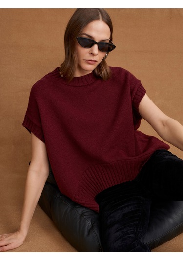 Dilvin 10839 Yün Karışımlı Oversize Süveter-bordo Bordo