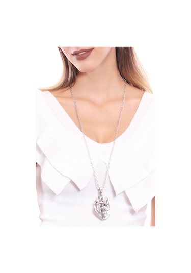 Kadın Antik Gümüş Kaplama Yoga Eli Simge Uçlu Zincir Kolye Gümüş