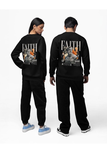 Baskılı Unisex, Sıfır Yaka Regular Sweatshirt Siyah