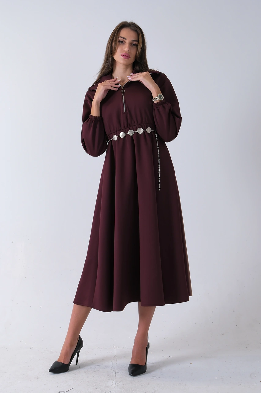 Feminist Bordo Yaka Fermuar Detaylı Bel Ve Bileği Lastikli Kemerli Scuba Elbise 4593455.04 Bordo