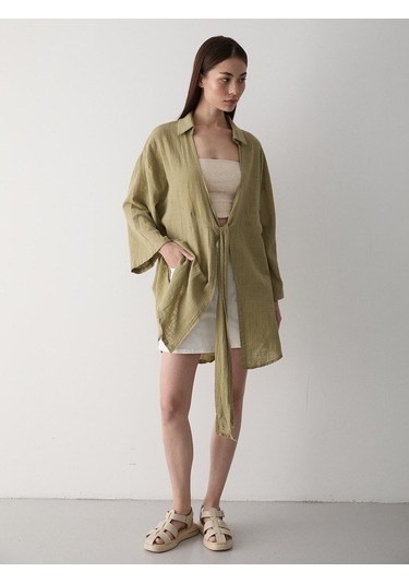 Haki Flam Keten Kimono Gömlek Haki