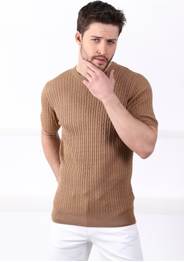 Ferraro Camel Bisiklet Yaka Erkek Pamuk Triko T-Shirt-Kahverengi (417934597) Kahverengi