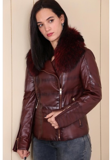 Bordo Hakiki Deri Çıkarılabilir Kürk Yakalı Mont Kaban