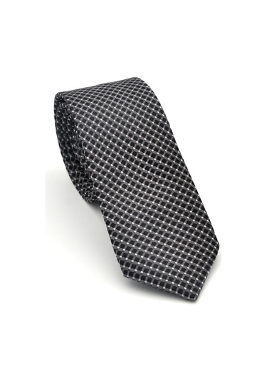 Beyaz Küçük Kare Desenli Füme Dokuma Kumaş Mendilli Slim Fit Kravat // Sdk-2511-6 Füme