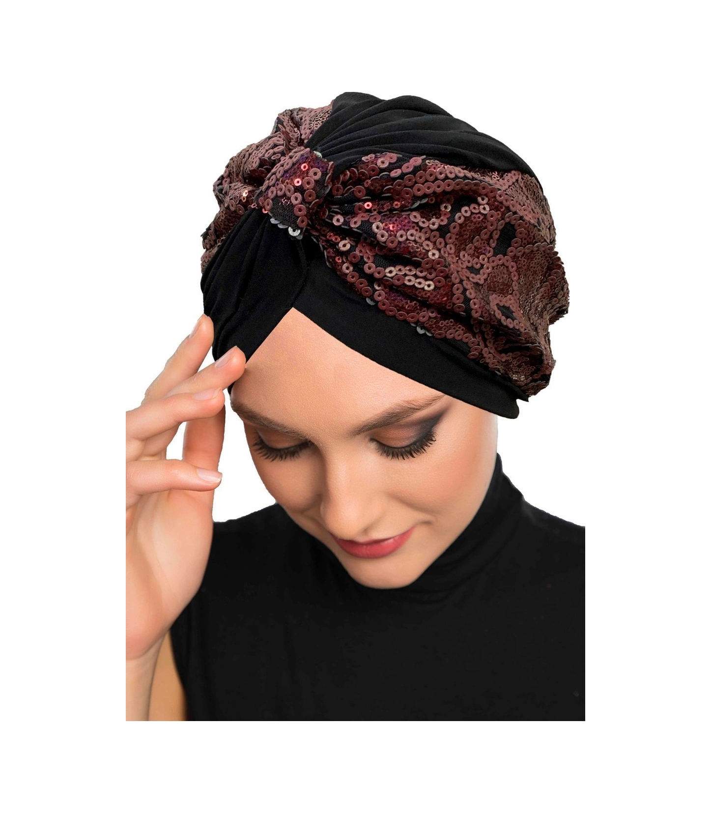Özel Tasarım Siyah Üzeri Bordo Desenli Payetli Astarlı Hazır Türban Tesettür Abiye Bone Siyah27