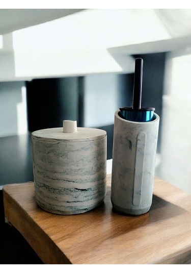 Mermer Desen Yeşil Renk Beton Çöp Kovası Ve Fırçalık Gri