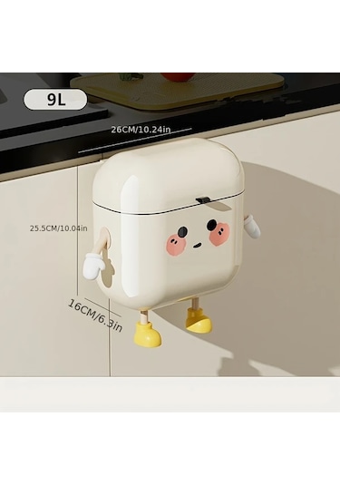 Honeybeeshop Sevimli Çizgi Film Tasarımlı 9l Asma Mutfak Çöp Kutusu Duvar Montaj Büyük Kapasiteli Koku Saklayan Su Geçirmez Plastik 10l Siyah