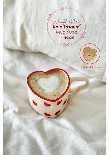 El Yapımı Seramik Kalp Tasarım Mug Kupa Fincan Handmade El Yapımı Mug Fincan Kupa Kahve Kupası Beyaz - Kırmızı