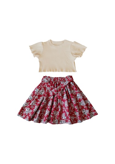 Etekli Crop Takım, Çiçekli Koyu Kırmızı Etek - Pamuklu Fitilli Crop Skahve-kkırmızı Çok Renkli