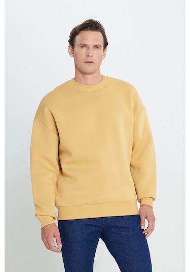 AC&Co / Altınyıldız Classics Erkek Hardal Oversize Fit Bol Kesim Pamuklu İçi Polarlı Bisiklet Yaka Sweatshirt Hardal