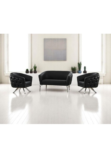 Asel Siyah Deri Kapitoneli Metal Krom Gümüş Silver Çapraz Ayaklı Ofis Koltuk Takımı Siyah