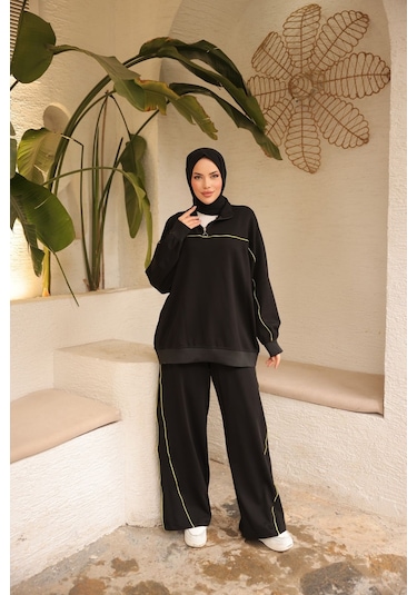 Tesettür Eşofman Takımı Ikili Takım Fermuarlı Yaka M-483 Siyah