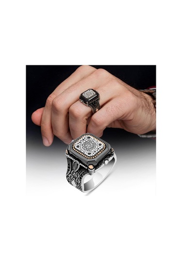 Süleyman Mührü Kare Desenli 925 Gümüş Erkek Yüzük